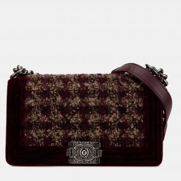 Chanel Burgundy Old Medium Velvet and Tweed Boy Flap Bag