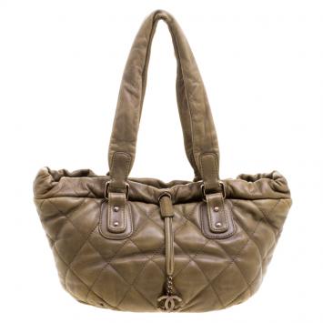Pre Owned Chanel Khaki Quilted Leather CC Drawstring Tote