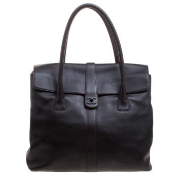 Pre Owned Chanel Dark Brown Leather Flap Tote