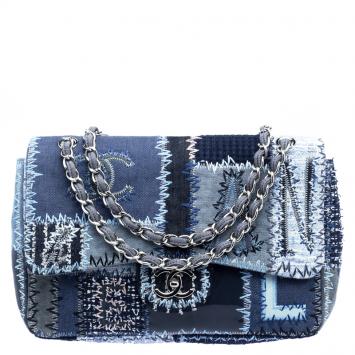 Pre Owned Chanel Blue Fabric/Canvas and Leather Patchwork Jumbo Classic Flap Bag