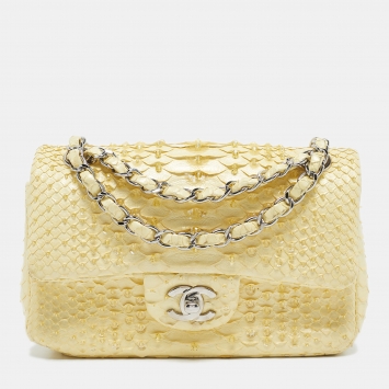 Chanel Yellow Python Small Beaded Classic Single Flap Bag