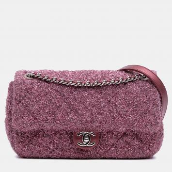 Chanel Pink Medium Quilted Metallic Knit Pluto Glitter Flap