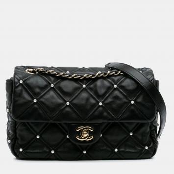 Chanel Medium Pearl Studs Flap Black Quilted Lambskin Shoulder Bag