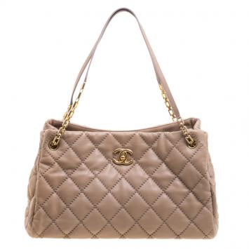 Pre Owned Chanel Beige Quilted Leather Wild Stitch Chain Tote