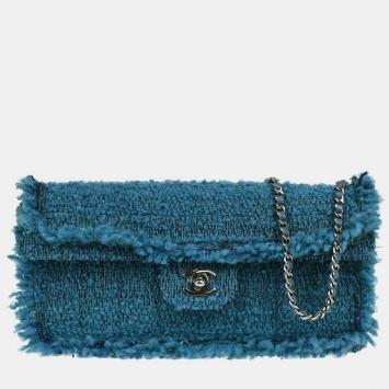 Pre Owned Chanel Blue Tweed East West Shoulder Bag