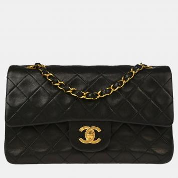 Pre Owned Chanel Black Lambskin Small Classic Double Flap Shoulder Bag
