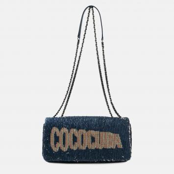 Pre Owned Chanel Cococuba Blue Leather Sequin Chain Shoulder Bag