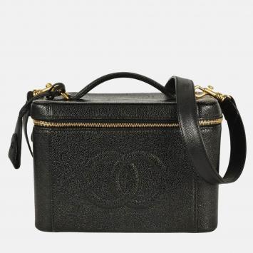 Pre Owned Chanel Vanity Handbag Caviar Skin Black Coco Mark