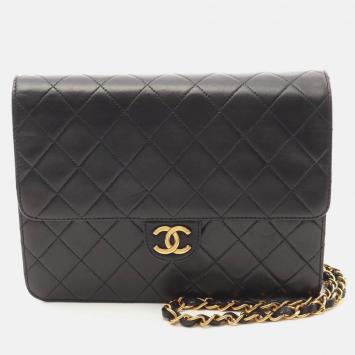 Pre Owned Chanel Matelasse Single Flap Black Lambskin Handbag