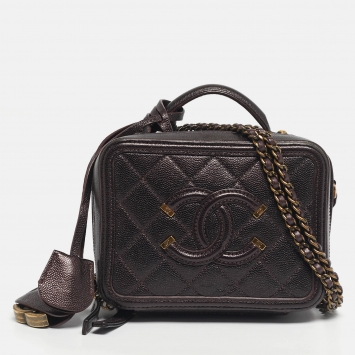 Pre Owned Chanel Burgundy Quilted Caviar Leather Small CC Filigree Vanity Case Bag