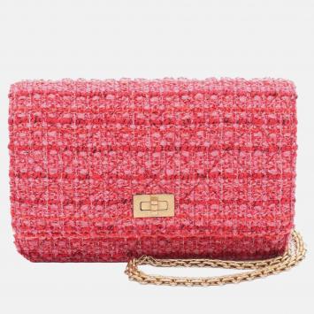 Pre Owned Chanel Pink Reissue 2.55 Quilted Tweed Wallet On Chain