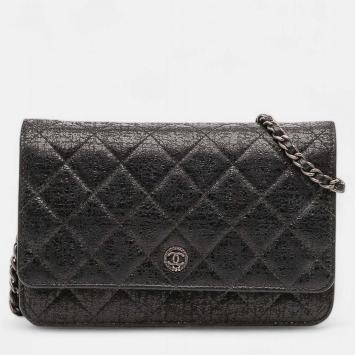 Pre Owned Chanel Black CC Quilted Crinkled Calfskin Wallet On Chain
