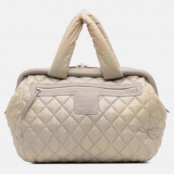 Pre Owned Chanel Beige Brown Medium Nylon Coco Cocoon Bowling Bag