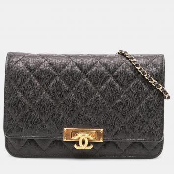 Pre Owned Chanel Black Quilted Caviar Golden Class Wallet On Chain