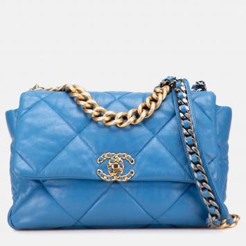 Pre Owned Chanel Blue Large Lambskin 19 Flap