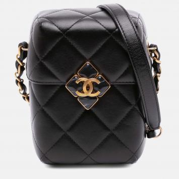 Pre Owned Chanel Black Mini Quilted Lambskin Diamond Lock Phone Holder