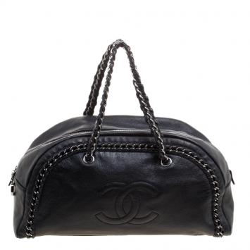 Pre Owned Chanel Black Leather Large Chain Trim Luxe Ligne Bowler Boston Bag