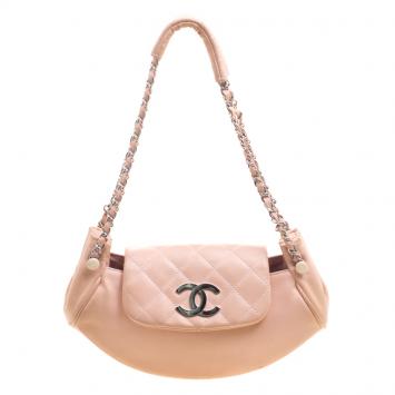 Pre Owned Chanel Peach Leather Accordion Flap Hobo
