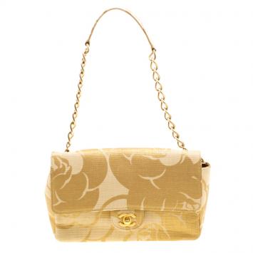 Pre Owned Chanel Gold Camellia Print Raffia Medium Classic Single Flap Bag