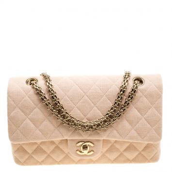 Pre Owned Chanel Biege Quilted Jersey Medium Bijoux Chain Classic Single Flap Bag