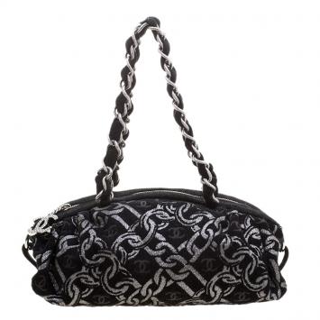 Pre Owned Chanel Black/Silver Denim Chain Print CC Satchel