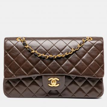 Pre Owned Chanel Brown Medium Classic Lambskin Double Flap