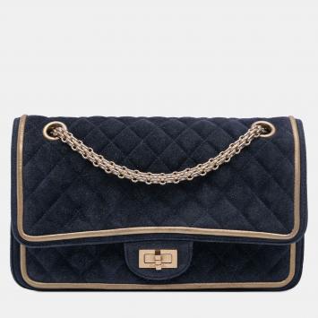 Pre Owned Chanel Navy Blue Reissue 2.55 Quilted Suede Double Flap 225