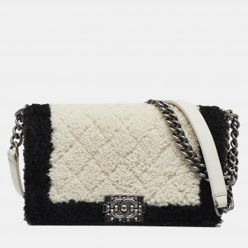 Pre Owned Chanel Black/White Old Medium Bicolor Shearling Boy Flap