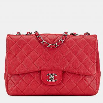Pre Owned Chanel Red Jumbo Classic Caviar Single Flap