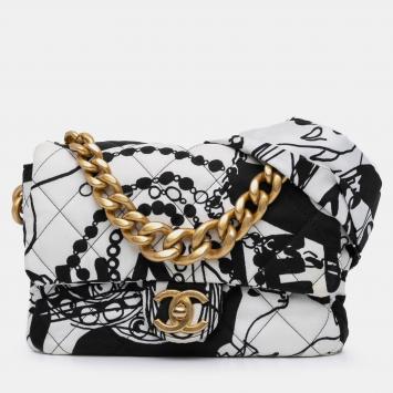 Pre Owned Chanel Black/White Mini Printed Canvas Deer Coco Flap