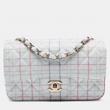 Pre Owned Chanel White Mini Rectangular Classic Printed Calfskin Single Flap