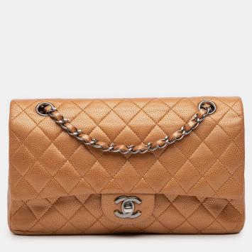 Pre Owned Chanel Brown Medium Classic Metallic Caviar Double Flap