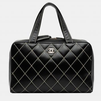 Pre Owned Chanel Black CC Lambskin Wild Stitch Handbag