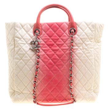 Pre Owned Chanel Cream/Rose Ombre Quilted Caviar Leather Shopping Tote
