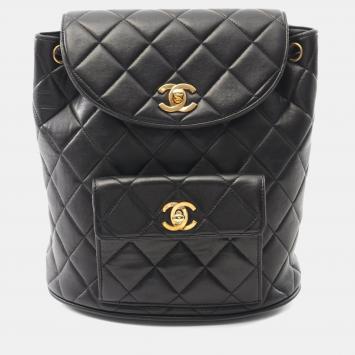 Pre Owned Chanel Matelasse Backpack Bag In Lambskin Leather Black