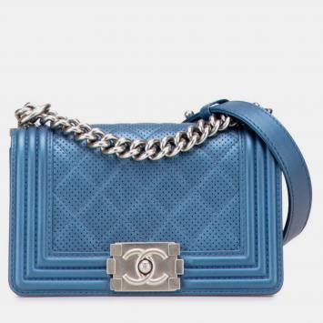 Pre Owned Chanel Matelasse Coco Mark Boy Chanel Chain Shoulder Bag In Blue Perforated Leather