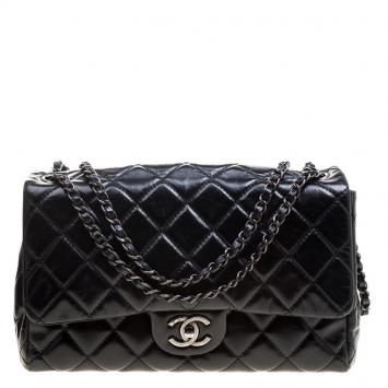 Pre Owned Chanel Black Quilted Leather Jumbo Classic Single Flap Bag