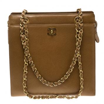 Pre Owned Chanel Camel Brown Caviar Leather Vintage Shoulder Tote