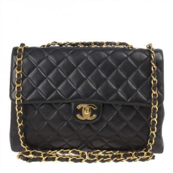 Pre Owned Chanel Black Lambskin Jumbo Classic Single Flap Shoulder Bag
