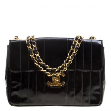 Pre Owned Chanel Black Vertical Quilted Patent Leather XL Jumbo Classic Flap Bag