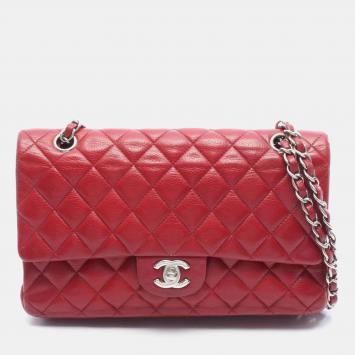Pre Owned Chanel Matelasse Double Flap Shoulder Bag In Grained Calfskin Caviar Red