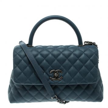 Pre Owned Chanel Blue Quilted Caviar Leather Small Coco Top Handle Bag