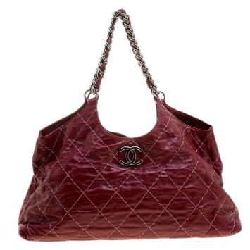 Pre Owned Chanel Red Quilted Leather Wild Stitch Chain Tote