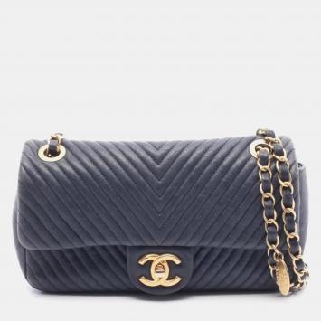 Pre Owned Chanel Chevron V-Stitch Shoulder Bag Leather Navy
