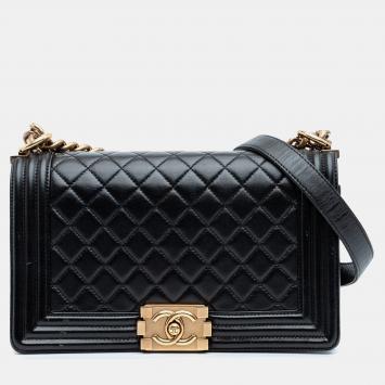 Pre Owned Chanel Black Old Medium Quilted Lambskin Boy Flap