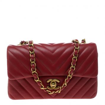 Pre Owned Chanel Dark Red Chevron Leather New Mini Classic Flap Bag