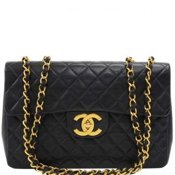 Pre Owned Chanel Black Quilted Leather Maxi Jumbo XL Vintage Classic Flap Bag
