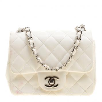 Pre Owned Chanel White Quilted Leather Mini Classic Single Flap Bag