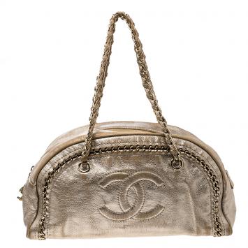 Pre Owned Chanel Metallic Gold Leather Medium Chain Trim Luxe Ligne Bowler Boston Bag