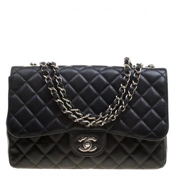 Pre Owned Chanel Black Quilted Leather Jumbo Classic Single Flap Bag